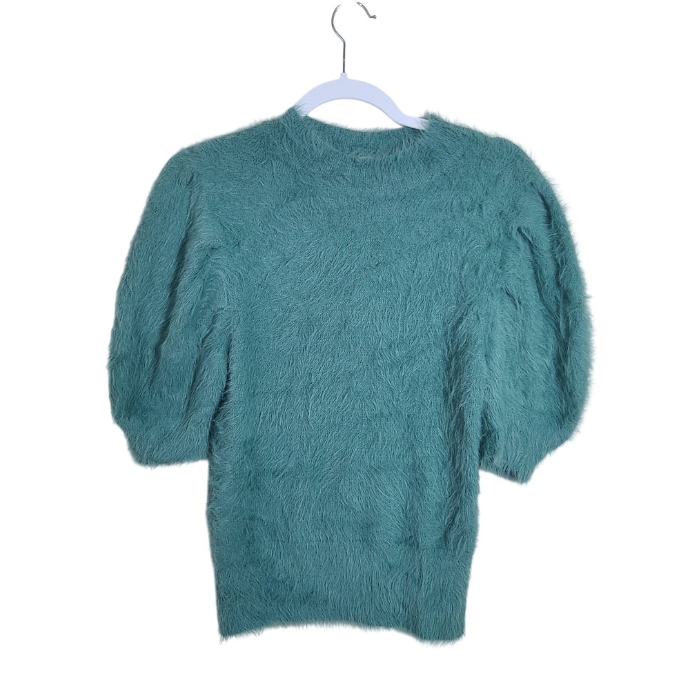 Teal Fuzzy Eyelash Knit‎ Puff Short Sleeve Sweater Top M